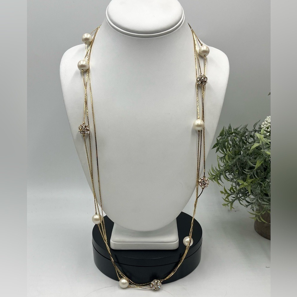 Kate‎ Spade NY Gold Plated Triple Strand Faux Pearl Pave Beads Long Necklace